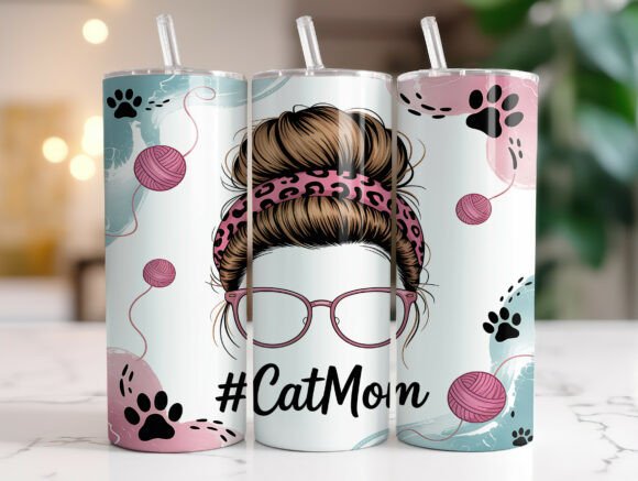 20oz Messy Bun Cat Mom Tumbler Wrap